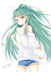 Rule 34 | 1girl, absurdres, alternate costume, alternate hair color, bare shoulders, blue eyes, blue shorts, blush, breasts, closed mouth, green hair, hair between eyes, hair ornament, highres, hizaka, kantai collection, long hair, looking at viewer, one-hour drawing challenge, ribbon, shirt, short shorts, short sleeves, shorts, simple background, small breasts, smile, solo, twitter username, white background, white shirt, yamakaze (kancolle)