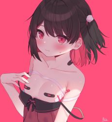 Rule 34 | 1girl, bandages, bandaid, bandaid on breast, bandaid on neck, bandaids on nipples, bare shoulders, black hair, blush, breasts, camisole, cleavage, closed mouth, collarbone, commentary request, dress, embarrassed, hair bobbles, hair ornament, hand on own chest, looking at viewer, multicolored hair, original, pasties, pink background, red eyes, red hair, roin, sarashi, short hair, side ponytail, sleeveless, sleeveless dress, small breasts, solo, strap slip, sweatdrop