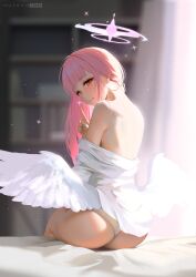 Rule 34 | 1girl, absurdres, angel wings, ass, back, bare shoulders, bed, blue archive, blurry, blush, breasts, feathered wings, from behind, from side, hair between eyes, halo, highres, huykho192, index finger raised, indoors, kneeling, long hair, long sleeves, looking at viewer, looking back, low wings, mika (blue archive), off shoulder, on bed, panties, parted lips, pink hair, red eyes, shirt, sitting, smile, solo, underwear, white panties, white shirt, white wings, wings, yellow eyes