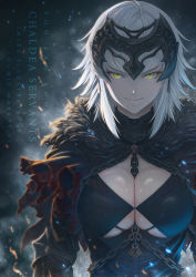 Rule 34 | 1girl, black dress, breasts, cape, chain, closed mouth, coat, dress, fate/grand order, fate (series), fur-trimmed cape, fur-trimmed coat, fur collar, fur trim, headpiece, highres, imizu (nitro unknown), jeanne d&#039;arc (fate), jeanne d&#039;arc alter (avenger) (fate), jeanne d&#039;arc alter (fate), large breasts, looking at viewer, short hair, silver hair, smile, yellow eyes
