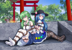 Rule 34 | absurdres, bdsm, blue hair, blurry, blurry background, bondage, bound, bound together, full body, gag, green eyes, green hair, highres, hinanawi tenshi, kochiya sanae, nontraditional miko, outdoors, panty &amp; stocking with garterbelt, pantyhose, peach hat ornament, red eyes, shibari, socks, tied up (nonsexual), touhou, white socks, yanx5