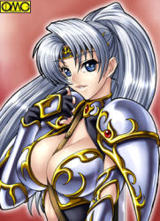 Rule 34 | 1girl, :d, armor, asura fantasy online, between breasts, bikini armor, blue eyes, breasts, center opening, cleavage, cleavage cutout, clothing cutout, elbow gloves, fantasy, fingerless gloves, floating hair, gem, gloves, greaves, grey hair, grin, hair between eyes, hand to own mouth, headband, high ponytail, kagami hirotaka, knight, large breasts, long hair, looking at viewer, looking back, lowres, midriff, omc, open mouth, pauldrons, ponytail, profile, red background, reina forster, shoulder armor, smile, solo, strap, turtleneck, upper body, watermark