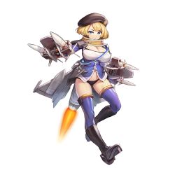 Rule 34 | 1girl, ahoge, beret, blonde hair, blue eyes, blue thighhighs, boots, breasts, brown hat, cleavage, full body, game cg, griffon (last origin), hat, highres, jacket, kakiman, large breasts, last origin, looking at viewer, official art, rocket, rocket launcher, short hair, solo, tachi-e, thighhighs, transparent background, weapon