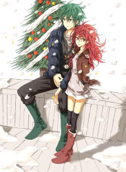 Rule 34 | 1boy, 1girl, animification, bad id, bad pixiv id, boots, christmas, christmas tree, coat, couple, dandruff, dress, flaky (happy tree friends), flippy (happy tree friends), green eyes, green hair, happy tree friends, height difference, hetero, highres, petite, red eyes, red hair, sitting, size difference, snow, snowing, standing, sweater, sweater dress, tears, thighhighs, yuki (fuguneko)