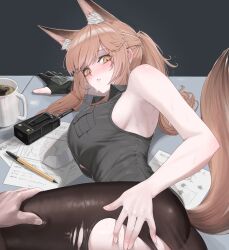 Rule 34 | 1boy, 1girl, absurdres, animal ears, arknights, bare arms, bare shoulders, black gloves, black pantyhose, blush, breasts, brown hair, coffee, commentary, cup, fox ears, fox tail, franka (arknights), gloves, grey shirt, highres, indoors, large breasts, mildt, mug, pantyhose, paper, parted lips, ponytail, shirt, sideboob, single glove, sleeveless, sleeveless shirt, solo focus, tail, torn clothes, torn pantyhose, walkie-talkie, yellow eyes