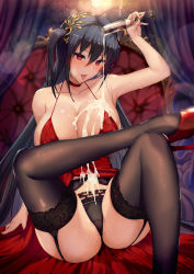 Rule 34 | 1girl, ahoge, alcohol, arm support, armpits, azur lane, bad id, bad pixiv id, bare shoulders, black hair, black panties, black thighhighs, blush, breasts, breath, champagne flute, choker, cleavage, clothes lift, collarbone, commentary request, covered erect nipples, crossed legs, cup, dress, dress lift, drinking glass, garter straps, hair between eyes, hair ornament, head tilt, high heels, highres, holding, holding cup, huge breasts, indoors, large breasts, light, long hair, looking at viewer, official alternate costume, on bed, one side up, open mouth, panties, pouring, pouring onto self, red dress, red eyes, red footwear, satou daiji, sidelocks, sitting, skindentation, smile, solo, suggestive fluid, sweat, taihou (azur lane), taihou (forbidden feast) (azur lane), thighhighs, tongue, tongue out, underwear, very long hair, wet