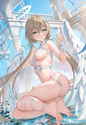 Rule 34 | 1girl, absurdres, angel, ass, barefoot, belt, bite mark, blue sky, blurry, blurry background, breasts, dated commentary, feathered wings, garter straps, green eyes, hair between eyes, hair ornament, halo, highres, houkisei, large breasts, light brown hair, long hair, looking at viewer, low twintails, momoko (houkisei), navel, o-ring, original, panties, parted lips, revealing clothes, sitting, skindentation, sky, solo, toes, twintails, underwear, very long hair, white belt, white garter straps, white panties, white wings, wings, yokozuwari