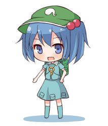 Rule 34 | 1girl, backpack, bag, blue eyes, blue hair, chibi, hair bobbles, hair ornament, hand on own hip, hat, kawashiro nitori, key, matching hair/eyes, open mouth, shichikaku, short hair, simple background, smile, solo, touhou, twintails, two side up, white background
