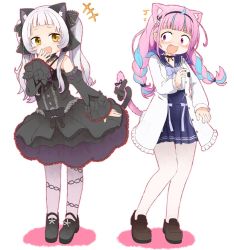 Rule 34 | 2girls, ahoge, alternate costume, animal ear fluff, animal ears, bare shoulders, black dress, black footwear, black tail, blue sailor collar, blush, bow, casual, cat ears, cat tail, choker, commentary request, criss-cross halter, detached sleeves, dress, extra ears, fang, frilled choker, frills, full body, gothic lolita, halter dress, halterneck, hololive, intertwined tails, lolita fashion, long hair, medium hair, minato aqua, minato aqua (sailor), multiple girls, murasaki shion, murasaki shion (gothic lolita), open mouth, pantyhose, pink tail, purple eyes, sailor collar, silver hair, simple background, smug, surprised, tail, tail bow, tail ornament, tonton (tonz159), twintails, virtual youtuber, white background, yellow eyes
