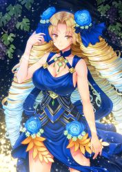 Rule 34 | 1girl, astraea (fate), blonde hair, blue hair, breasts, cleavage, dress, drill hair, fate/grand order, fate (series), flower, food, fruit, gradient hair, grapes, highres, large breasts, long hair, multicolored hair, smile, solo, sparkle, very long hair, yellow eyes, youshuu