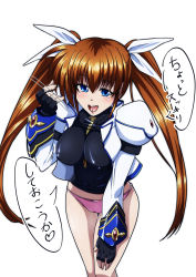 Rule 34 | 1girl, blue eyes, blush, breasts, brown hair, cameltoe, covered erect nipples, hair ornament, hair ribbon, highres, large breasts, lyrical nanoha, mahou shoujo lyrical nanoha strikers, open mouth, panties, pink panties, ribbon, simple background, smile, solo, standing, takamachi nanoha, tappa (esperanza), twintails, underwear, white background
