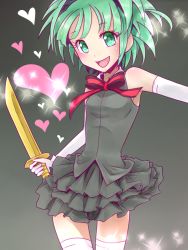 Rule 34 | 10s, ansatsu kyoushitsu, bare shoulders, breasts, elbow gloves, gloves, green eyes, green hair, grey background, heart, kayano kaede, knife, open mouth, ribbon, short hair, skirt, thighhighs, weapon