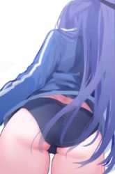 Rule 34 | 1girl, ass, blue archive, buruma, from below, mole, mole on ass, mole on thigh, nikuya (nikuniku nikuya), ponytail, purple hair, thigh gap, thighs, white background, yuuka (blue archive), yuuka (track) (blue archive)