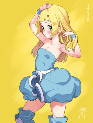 Rule 34 | 1girl, alternate costume, arm up, blonde hair, blue dress, blue footwear, blue wristband, blunt bangs, blush, boots, breasts, cleavage, commentary request, creatures (company), dress, eyelashes, game freak, green eyes, hand up, highres, holding, kinocopro, lillie (pokemon), long hair, nintendo, pokemon, pokemon (anime), pokemon sm (anime), signature, small breasts, solo, strapless, strapless dress, thigh boots, twitter username, watermark, wristband, yellow background