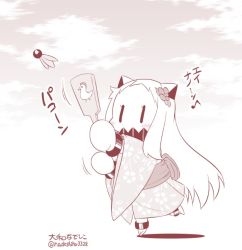 Rule 34 | 10s, 1girl, abyssal ship, alternate costume, commentary request, flower, greyscale, hagoita, hair flower, hair ornament, hanetsuki, holding, horns, japanese clothes, kantai collection, kimono, long hair, mittens, monochrome, northern ocean princess, obi, paddle, sash, solo, translation request, twitter username, yamato nadeshiko, | |