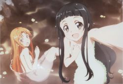 Rule 34 | 10s, 2girls, :d, :o, absurdres, asuna (sao), black hair, blunt bangs, brown hair, color halftone, completely nude, from above, happy, highres, long hair, long legs, looking at viewer, looking up, multiple girls, naked towel, nude, official art, onsen, open mouth, outdoors, outstretched arm, scan, sitting, smile, standing, submerged, sword art online, taking picture, towel, wet, yui (sao)