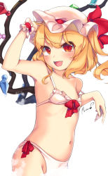 Rule 34 | 1girl, absurdres, arm up, artist name, bare arms, bare shoulders, bikini, blonde hair, blush, bow, bow bikini, breasts, commentary request, cowboy shot, fang, flandre scarlet, flat chest, hat, hat ribbon, highres, long hair, looking at viewer, maremay0513, mob cap, navel, off shoulder, one side up, open mouth, red eyes, red ribbon, ribbon, simple background, small breasts, smile, solo, stomach, swimsuit, touhou, white background, white bikini, wings, wrist cuffs