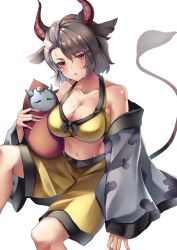 Rule 34 | 1girl, absurdres, animal ears, animal print, black hair, blush, breasts, cleavage, collarbone, cow ears, cow horns, cow print, cow tail, grey hair, haori, highres, horns, japanese clothes, koizumo, large breasts, multicolored hair, navel, open mouth, red eyes, red horns, short hair, shorts, simple background, solo, split-color hair, statue, tail, tank top, touhou, two-tone hair, ushizaki urumi, white background, yellow shorts, yellow tank top