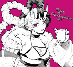 Rule 34 | 1girl, absurdres, bare shoulders, breasts, camisole, commission, cup, demon horns, english text, fur-trimmed jacket, fur trim, greyscale with colored background, highres, holding, holding cup, horns, jacket, liquid, long hair, medium breasts, multicolored hair, off shoulder, original, pink eyes, skeb commission, solo, spot color, two-tone hair, yotsumi shiro