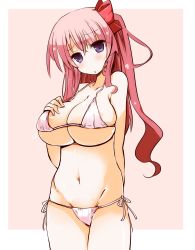 Rule 34 | 1girl, absurdres, alternate hairstyle, areola slip, arm behind back, bikini, blue eyes, blush, bow, breasts, chestnut mouth, cleavage, commentary, cowboy shot, embarrassed, frown, hair between eyes, hair bow, halterneck, hand on own chest, haramura nodoka, head tilt, highres, large breasts, legs together, long hair, looking at viewer, lowleg, lowleg bikini, micro bikini, navel, outside border, parted bangs, pink background, pink hair, red bow, saki (manga), shirogane (platinum), side-tie bikini bottom, side ponytail, simple background, skindentation, solo, standing, string bikini, swimsuit, white background, white bikini