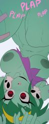 Rule 34 | 1girl, breasts, colored skin, commentary, english commentary, green hair, green skin, highres, implied sex, noblood (ryandomonica), out-of-frame censoring, plap, red eyes, rottytops, sex, shantae (series), simple background, stomach bulge, upside-down, zombie