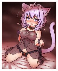 Rule 34 | 1girl, :3, ahoge, animal collar, animal ears, babydoll, babydoll lift, black babydoll, black panties, blush, border, bow, bow panties, breasts, cat ears, cat girl, cat tail, collar, commentary request, dutch angle, fang, flying sweatdrops, frilled babydoll, frilled panties, frills, full body, heart, highres, hololive, large breasts, lifted by self, looking at viewer, medium bangs, medium hair, navel, nekomata okayu, nipples, nose blush, open mouth, panties, pink hair, purple eyes, red bow, rutsubo, seiza, sitting, smile, solo, sweat, tail, twitter username, underwear, underwear only, virtual youtuber, white border