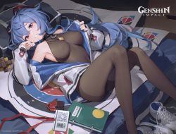 Rule 34 | 1girl, absurdres, bare shoulders, bilibili xiaolu, blue hair, bodystocking, breasts, copyright name, covered erect nipples, covered navel, curled horns, feet out of frame, ganyu (genshin impact), genshin impact, hair between eyes, highres, horns, jacket, jewelry, knees up, long hair, long sleeves, looking at viewer, lying, medium breasts, necklace, notebook, on back, open clothes, open jacket, purple eyes, qr code, shoes, unworn shoes, smile, solo, sweat, target, very long hair, white jacket