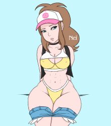 Rule 34 | 1girl, abs, arms behind, bare shoulders, baseball cap, blue background, blue eyes, breasts, brown hair, cleavage, clothes lift, clothes pull, covered erect nipples, creatures (company), denim, denim shorts, game freak, hat, highres, hilda (pokemon), midriff, navel, ne1v1a, nintendo, panties, parted lips, pokemon, pokemon bw, ponytail, shirt lift, shorts, shorts pull, sidelocks, simple background, sitting, solo, source request, sports bra, thick thighs, thighs, underwear, vest, yellow panties