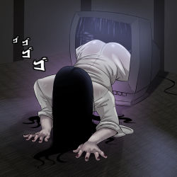 Rule 34 | 1girl, all fours, ass, clothes, female focus, hair between eyes, japanese text, looking at viewer, softshikioni, solo, television, the ring, yamamura sadako