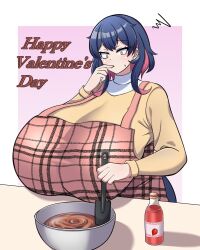 Rule 34 | 1girl, apron, blue hair, border, bottle, bowl, breast rest, breasts, chocolate, codeorange162, colored inner hair, cooking, english text, eyelashes, female focus, food, freckles, fruit, gigantic breasts, happy valentine, highres, holding, holding spatula, licking finger, medium breasts, multicolored hair, original, pink background, pink hair, solo, spatula, standing, strawberry, tsukishima azami, valentine, white border, yellow eyes
