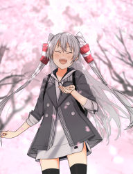 Rule 34 | 1girl, amatsukaze (kancolle), annin musou, bad id, bad twitter id, black jacket, black thighhighs, blush, buttons, cherry blossoms, closed eyes, cowboy shot, grey hoodie, hair between eyes, hair tubes, hood, hoodie, jacket, kantai collection, long hair, long sleeves, official alternate costume, open mouth, petals, silver hair, smile, solo, thighhighs, two side up