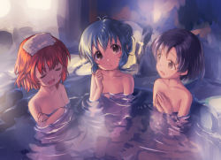Rule 34 | 3girls, :d, :o, black hair, blue hair, blush, brown eyes, brown hair, closed eyes, commentary request, copyright request, crossed arms, eyebrows hidden by hair, hands up, head tilt, kawaseki, looking at viewer, multiple girls, nude, onsen, open mouth, own hands together, parted lips, partially submerged, short hair, smile, steam, towel, towel on head, water
