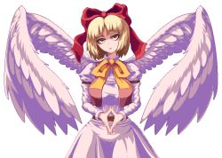 Rule 34 | 1girl, belt, blonde hair, bow, bowtie, breasts, brown belt, buttons, collared dress, commentary, commission, dress, english commentary, feathers, gengetsu (touhou), hair bow, highres, juliet sleeves, large breasts, long sleeves, looking at viewer, nukekip, open clothes, open mouth, open vest, orange bow, orange bowtie, own hands together, pink dress, pink vest, puffy sleeves, red bow, short hair, simple background, solo, standing, touhou, touhou (pc-98), transparent background, vest, white background, wings