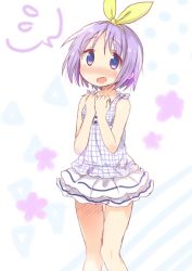 Rule 34 | 1girl, blue eyes, blush, commentary request, cowboy shot, frilled skirt, frills, hair ornament, hair ribbon, hairband, hands on own chest, hiiragi tsukasa, knees together feet apart, looking at viewer, lucky star, open mouth, purple hair, ribbon, short hair, skirt, solo, standing, tareme, tatsunokosso, white background, white skirt, yellow ribbon