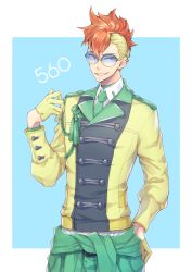 Rule 34 | 1boy, blonde hair, blue background, clothing request, creatures (company), earclip, game freak, gen 5 pokemon, glasses, gloves, green necktie, grin, hand on own hip, hand up, kasuka108, looking at viewer, male focus, mohawk, multicolored hair, necktie, nintendo, personification, pokedex number, pokemon, red hair, scrafty, simple background, smile, solo, standing, tassel, two-tone hair, yellow gloves