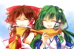 Rule 34 | &gt;:o, 2girls, :d, :o, ^ ^, annoyed, bare shoulders, bow, brown hair, closed eyes, d:, d:&lt;, detached sleeves, frog, frog hair ornament, gradient background, green hair, hair bow, hair ornament, hair tubes, hakurei reimu, happy, kochiya sanae, kutsuki kai, multiple girls, open mouth, scarf, shared clothes, shared scarf, simple background, smile, snake hair ornament, touhou, unamused, upper body, v-shaped eyebrows