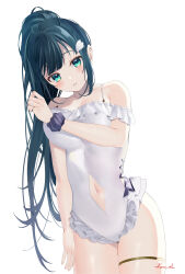 Rule 34 | 1girl, absurdres, alternate costume, alternate hairstyle, amano nene (vtuber), bare arms, bare shoulders, black hair, blue hair, blush, breasts, clothing cutout, commission, frilled one-piece swimsuit, frills, green eyes, highres, jewelry, looking at viewer, lying, medium breasts, navel cutout, off-shoulder one-piece swimsuit, off shoulder, on side, one-piece swimsuit, parted lips, ponytail, production kawaii, ring, scrunchie, shima koume, simple background, skeb commission, solo, spaghetti strap, swimsuit, thigh strap, virtual youtuber, white background, white one-piece swimsuit, wing hair ornament, wrist scrunchie