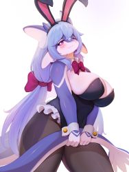 Rule 34 | 1girl, absurdres, animal ears, aruri (whooo-ya), black pantyhose, blue hair, bow, bowtie, breasts, cleavage, closed mouth, commentary request, detached collar, fake animal ears, furry, furry female, hair bow, highres, holding, holding tail, korean commentary, large breasts, leotard, long hair, looking at viewer, low twintails, original, pantyhose, pink eyes, playboy bunny, rabbit ears, red bow, red bowtie, simple background, smile, solo, tail, twintails, very long hair, white background, whooo-ya