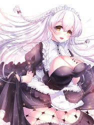 Rule 34 | 1girl, :d, apron, azur lane, black nails, black thighhighs, blush, braid, breasts, chain, cleavage, cleavage cutout, clothing cutout, commentary request, cowboy shot, dress, frilled dress, frills, hair between eyes, hand on own chest, hermione (azur lane), highres, large breasts, light particles, long hair, looking at viewer, maid, maid apron, maid headdress, nail polish, open mouth, poco., puffy short sleeves, puffy sleeves, short sleeves, sidelocks, silver hair, simple background, skirt hold, smile, solo, standing, taut clothes, teeth, thighhighs, upper teeth only, white background, wrist cuffs, yellow eyes, zettai ryouiki