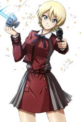 Rule 34 | 1girl, aqua eyes, blonde hair, braid, collared shirt, cup, darjeeling (girls und panzer), dress, girls und panzer, gun, hair between eyes, handgun, highres, holding, holding cup, holding weapon, long sleeves, omachi (slabco), red dress, shirt, simple background, smile, solo, standing, teacup, weapon, white background, white shirt
