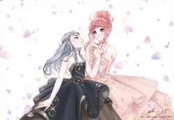 Rule 34 | 2girls, ais05, black dress, braid, braided bun, breasts, brown eyes, cleavage, couple, dancing, dress, fashion, floral print, formal, frilled dress, frilled skirt, frills, gold dress, gold trim, gown, graphic dress, grey eyes, grey hair, hair bun, hair down, holding hands, interlocked fingers, kimi (miracle nikki), lace sleeves, long hair, looking at another, miracle nikki, multiple girls, nikki (miracle nikki), nikki (series), petals, pink dress, pink hair, princess dress, puffy dress, rose petals, see-through, see-through sleeves, skirt, strapless, strapless dress, swan print, updo, white background, yuri