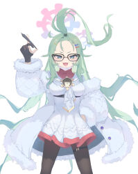 Rule 34 | 1girl, :d, absurdres, bangs pinned back, belt, black pantyhose, blue archive, coat, commentary request, forehead, fur-trimmed coat, fur trim, gari gari 1, glasses, green eyes, green hair, hair ornament, hairclip, halo, hand on own hip, highres, holding, holding pen, long hair, long sleeves, looking at viewer, mask, unworn mask, meru (blue archive), mouth mask, open clothes, open coat, open mouth, pantyhose, pen, school uniform, serafuku, sidelocks, simple background, smile, solo, spread legs, standing, surgical mask, sweater, thigh belt, thigh strap, turtleneck, turtleneck sweater, white background, white coat, winter clothes, winter coat