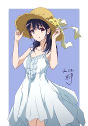 Rule 34 | 1girl, 2020, blue background, blue hair, brown eyes, character request, closed mouth, collarbone, cowboy shot, dress, flower, hair between eyes, hat, hat flower, highres, long hair, looking at viewer, nii manabu, outside border, signature, sleeveless, sleeveless dress, smile, solo, split mouth, standing, sun hat, sundress, two-tone background, white background, white dress, yellow flower, yellow hat