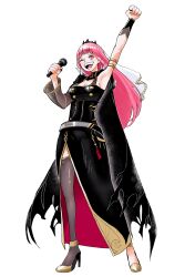Rule 34 | 1girl, ;d, absurdres, archist2357, arm up, armpits, black cape, black dress, blunt bangs, breasts, cape, clenched hand, detached sleeves, dress, highres, holding, holding microphone, hololive, hololive english, large breasts, long hair, microphone, mori calliope, mori calliope (1st costume), oda eiichirou (style), one eye closed, open mouth, parody, pink eyes, pink hair, side slit, single detached sleeve, single thighhigh, smile, spiked hood, style parody, thighhighs, tiara, torn cape, torn clothes, veil, virtual youtuber, white background