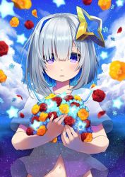 Rule 34 | 1girl, amane kanata, blue eyes, blue hair, blue sky, blush, cloud, colored inner hair, commentary request, day, flower, hair over one eye, halo, highres, holding, holding flower, hololive, hototogisu (hot to gis), light particles, looking at viewer, multicolored hair, navel, orange flower, parted lips, partially unbuttoned, petals, pink hair, red flower, red rose, rose, sailor collar, shirt, short sleeves, silver hair, sky, solo, star (symbol), star halo, upper body, virtual youtuber, white sailor collar