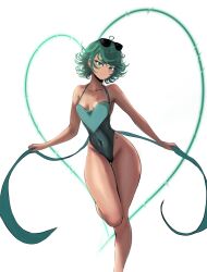 Rule 34 | 1girl, absurdres, breasts, breasts apart, closed mouth, collarbone, competition swimsuit, curly hair, curvy, eyewear on head, feet out of frame, green eyes, green hair, green one-piece swimsuit, halterneck, hehevich, highleg, highleg swimsuit, highres, long legs, looking at viewer, one-piece swimsuit, one-punch man, shiny skin, simple background, small breasts, solo, standing, standing on one leg, sunglasses, swimsuit, tatsumaki, thick thighs, thighs, white background, wide hips
