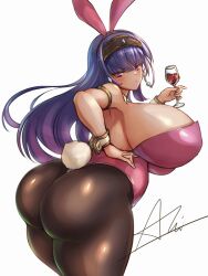 Rule 34 | 4545akichan, alcohol, armlet, ass, back, between buttocks, black pantyhose, breasts, character request, cleavage, cup, curvy, diadem, dot nose, drinking glass, earrings, glass, hand on own hip, highres, holding glasses, huge ass, huge breasts, jewelry, leaning forward, leotard, long hair, looking at viewer, looking back, pantyhose, pink hair, pink leotard, playboy bunny, purple hair, rabbit ears, rabbit tail, shiny clothes, shiny skin, sideboob, slit pupils, standing, thick thighs, thighs, white background, wide hips, wine, wine glass