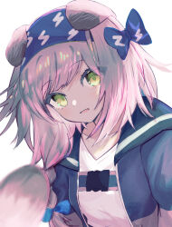Rule 34 | 1girl, animal ears, arknights, blush, bow, braid, cat ears, cat girl, deyuaru, goldenglow (arknights), green eyes, hair bow, hair over shoulder, hairband, highres, jacket, looking at viewer, open mouth, pink hair, smile, solo, upper body, v-neck