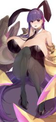 Rule 34 | 1girl, absurdly long hair, absurdres, anmochi mochi, bare shoulders, breasts, cleavage, collarbone, commentary request, fate/extra, fate/extra ccc, fate/grand order, fate (series), high heels, highres, huge breasts, long hair, looking at viewer, pantyhose, parted lips, passionlip (fate), playboy bunny, purple eyes, purple hair, simple background, smile, solo, very long hair, white background