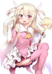 Rule 34 | 1girl, absurdres, black skirt, blush, boots, breasts, collarbone, commentary request, detached sleeves, dress, elbow gloves, fate/kaleid liner prisma illya, fate (series), feather hair ornament, feathers, gloves, hair ornament, highres, holding, holding staff, illyasviel von einzbern, long hair, looking at viewer, magical girl, nedia (nedia region), pink dress, pink eyes, pink footwear, pink thighhighs, prisma illya, simple background, skirt, small breasts, solo, staff, thigh boots, thighhighs, two side up, white background, white gloves